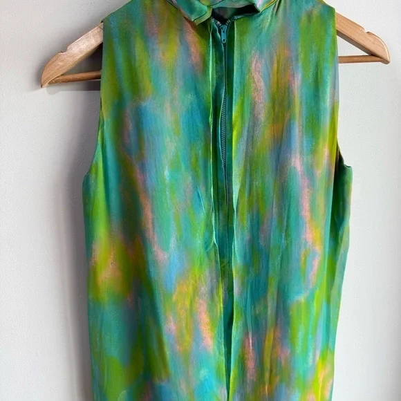 Vintage 60s Irving Nadler Watercolor Shift Dress S/M Green Sleeveless Ruffle Mod - Picture 7 of 12